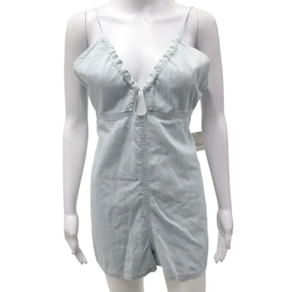 Free People Womens Romper Blue V-Neck Tie Sleeveless Boho Size M
